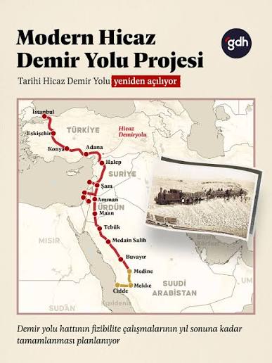 Türkiye, Suriye, Ürdün ve Suudi Arabistan'ı birbirine bağlayacak olan  Modern Hicaz Demir Yolu Projesi'nin fizibilite çalışmaları yıl sonuna kadar  tamamlanacak. 🎨 Tasarım: @mustysahin ✍️🏻 Kaynak: AA