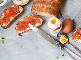 Combine the creme fraiche, horseradish,. Smoked Salmon And Cream Cheese On Bruschetta Boiled Eggs And Fr Stock Image Image Of Baguette Closeup 109960907