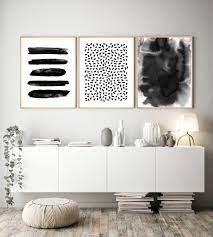 Abstract Watercolor Set Of 3 Black White Stripes Dots Paint Etsy Black And White Wall Art Black Decor Black And White Decor