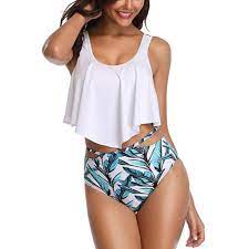 Women Two Piece High Waisted Flounce Strappy Bikini Control Bathing Set In 2020 Strappy Bikini Bikinis High Waisted Bikini