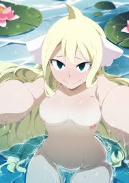 lexus (artist), mavis vermilion, fairy tail, absurdres, highres, 1girl,  ahoge, blonde hair, breasts, collarbone, green eyes, lily pad, long hair,  looking at viewer, medium breasts, navel, nipples, nude, outstretched arms,  pov, smile,
