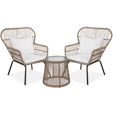 best choice products 3 piece patio wicker conversation bistro set w 2 chairs glass top side table cushions tan walmart com wicker patio furniture glass top side table outdoor lounge furniture