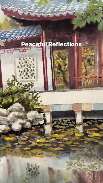 Peaceful Reflections | Watercolour on ricepaper 🎨✨, Inspired by the tranquil beauty of the Dr. Sun Yat-Sen Classical Chinese Garden in Vancouver, BC. 🌿⛩️ #ClassicalChineseGarden