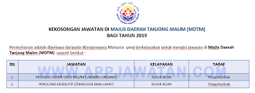 Permohonan adalah dipelawa daripada warganegara malaysia yang berkelayakan untuk. Jawatan Kosong Terkini Di Majlis Daerah Tanjong Malim Mdtm Appjawatan Malaysia
