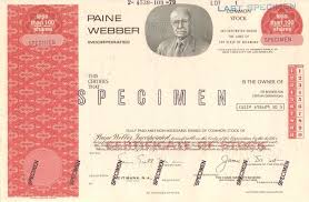 Paine Webber Stock Certificate Specimen Stock Certificates Wealth Management Swiss Bank