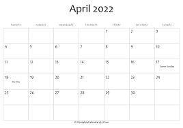 April 2022 Editable Calendar With Holidays