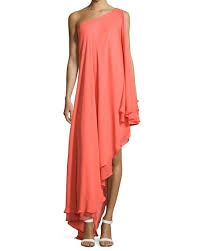 Halston Heritage One Shoulder Silk Cascade Gown Tangerine Fashion Designer Formal Dresses Halston Heritage