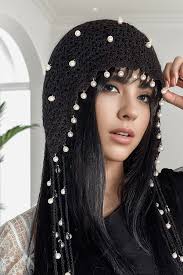Solid Pearl Embellished Hollow Knit Hat Bags + Hats + Socks
