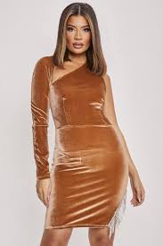 Asymmetric One Shoulder Brown Velvet Dress Brentiny Paris