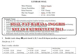 Soal Dan Kunci Jawaban Pat Bahasa Inggris Smp Kelas 8 Kurikulum 2013 Tahun Pelajaran 2018 2019 Didno76 Com