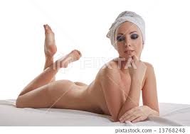Nude woman posing with white towel around her head - Stock Photo [13768248]  - PIXTA