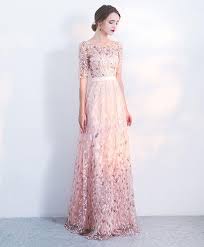 2018 Elegant Pink Tulle Sequins Prom Dress Mid Sleeve Long Evening Gown Long Evening Gowns Prom Party Dresses Beautiful Evening Dresses