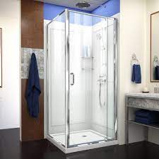 32 in x 32 base with textured surface. Dreamline Flex 32 In X 32 In X 76 75 In Framed Corner Pivot Shower Kit In Chrome With Shower Base In White Dl 6716 01cl The Home Depot