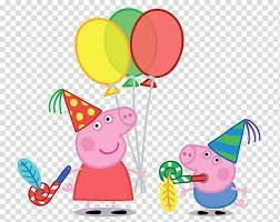George Pig Daddy Pig Party Birthday Pig Peppa Pig Holding Balloons Transparent Background P Peppa Pig Background Peppa Pig Birthday Party George Pig Birthday