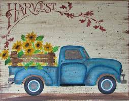 Painting Of Vintage Blue Truck Fall Decor Sunflowers Canvas Art Hand Painted Hand Painting Art Canvas Painting Diy Small Canvas Paintings