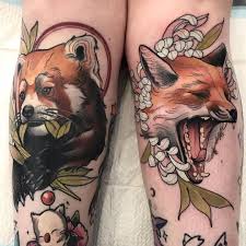 Red Panda And Red Fox By Tim Tavaria Timtavaria Color Neotraditional Redpanda Leaves Animal Natu Red Fox Tattoos Traditional Tattoo Animals Panda Tattoo