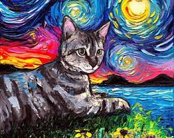 Black Cat Art Starry Night Animal Feline Print Van Gogh S Cats By Aja Choose Size And Type Of Paper In 2020 Flower Canvas Art Cat Art Art