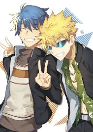 nikame, aogami pierce, tsuchimikado motoharu, toaru majutsu no index,  highres, 2boys, blonde hair, blue hair, closed eyes, gold necklace, grin,  jewelry, male focus, multiple boys, necklace, school uniform, smile, spiked  hair, sunglasses,