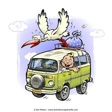 Newborn Baby Card Volkswagen Vw Transporter Bus Cartoon Stork Illustration Vw Van Volkswagen Bus Volkswagen