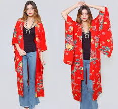 Oversized patch pockets adhere to the nonchalant mood. Vintage 70s Silk Kimono Red Floral Asian Jacket Japanese Maxi Robe Draped Boho Duster Kimono Fashion Floral Kimono Outfit Floral Kimono