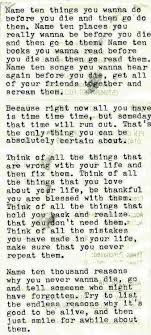 Sydney doesn't die in scream 4. Name Ten Things You Wanna Do Before You Die And Then Go Do Them Name Ten Places You Really Want To Be Before You Die And Then Go To Words