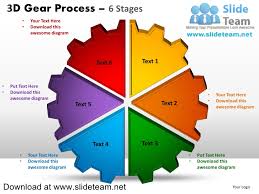 3 d gear split up into pie chart pieces process 6 stages