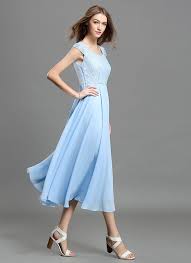 Light Blue Lace Chiffon Midi Dress With Sweetheart Neck And Layered Cap Sleeves Md41 Chiffon Midi Dress Blue Chiffon Dresses Dresses