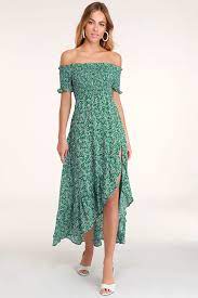 Fleur-tation Green Floral Print Off-the-shoulder Midi Dress Dresses Cute Dresses Women Dress Online