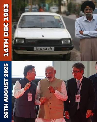 INDIRA GANDHI JI WITH MARUTI 800 IN 1983🔥 TO SHRI NARENDRA MODI WITH e:VITARA IN 2025💪🏻 👉🏻From the iconic moment when Indira Gandhi inaugurated the very first Maruti factory and handed over