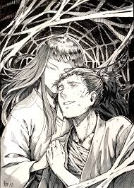 dororo (tezuka), highres, 1boy, 1girl, black hair, eye contact, greyscale,  hetero, japanese clothes, looking at another, monochrome, ohagi (dororo),  one eye closed, ponytail, robiiiiim, silk, smile, spider web, yajirou ( dororo) - Image