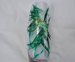 Vase En Verre Peint Style Murano Vert Emeraude Et Cuivre Vase Vert Murano Vase Haut Vase Decore Grand Vase Peinture Sur Verre Vase Vert Vases Peints Vase Verre