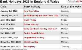 Bank Holidays 2028 In The Uk With Printable Templates