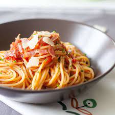 Spaghetti In Tomato Sauce With Bacon Vibrant Plate