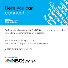 Nbcuniversal is primarily involved in the media and entertainment industry. Nbcuniversal Careers On Twitter Calling All Finance Professionals Nbc Sports Is Hosting An Exclusive Networking Event On April 25th In Stamford Ct Apply Now For The Chance To Attend Https T Co 23srlqkci5 Https T Co 5i3mpzfenj