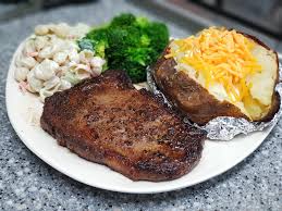 Homemade Ribeye Steak Loaded Baked Potato Pasta Salad Steamed Broccoli Florets Loaded Baked Potatoes Potato Pasta Steamed Broccoli