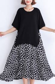 Women Black Cotton Tunic Dress Casual Pattern Patchwork False Two Pieces Oversized Summer Dresses Black Summer Linen Dresses Cotton Dress Outfit Summer Dresses