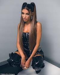 Dark brown medium brown highlights side part straight streak waist length Madison Beer Continues To Rock Her Pigtail Braids In A White Cropped Top And Leopard Print Face Mask Oltnews