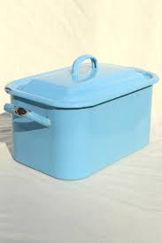 Only 1 available and it's in 1 person's cart. Vintage Enamelware Breadbox French Blue Enamel Metal Bread Bin Box W Lid