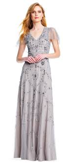 Adrianna Papell Floral Beaded Gown With Sheer Mesh Flutter Sleeves Gowns Silver Grey Bridesmaid Dresses Beaded Gown