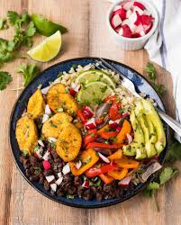 Black Bean Taco Salad Jason S Deli Delicious Cuban Black Beans And Rice Bowl With Roasted Veggies Baked Plantains And Avocado Plantain Recipes Rice Bowls Recipes Healthy Casserole Recipes