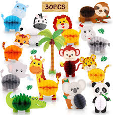 Fill the place with animal print balloons and plush safari animals and complete the jungle decoration. Amazon Com 30pcs Jungle Safari Animals Honeycomb Centerpieces 3d Table Decorations For Jungle Safari Birthday Baby Shower Party Decorations Supplies Toys Games