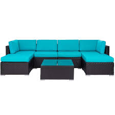 Kinbor 7pcs Outdoor Patio Furniture Sectional Pe Rattan Wicker Rattan Sofa Set With 2 Ottomans With Blue Cu In 2020 Sectional Patio Furniture Rattan Sofa Blue Cushions