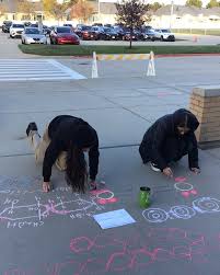 Freshmen Academic Biology students decorating our sidewalk with the  molecules of life: carbohydrates, amino acids, fats, proteins, and more!  The students loved this hands-on activity and were lucky to have a sunny