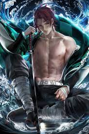 demon slayer detailed detailed background haori kamado tanjirou  kimetsu no yaiba male male focus male only open shirt realistic red hair  sakimichan solo sword water 