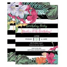 Black And White Floral Invitation Design Tropical Floral Flowers Leaves Black White Stripes Invitation Zazzle Com Stripe Invitations Floral Invitation Floral