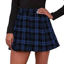 Women's Casual High Waist Plaid Pleated Flared Mini Skater Skirt, Blue, S  US 4 - Walmart.com