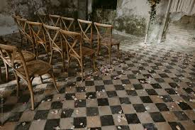 See more ideas about checkered floors, architecture, checkered. Wedding Ceremony Set Up With Wood Chairs And Flower Petals On Vintage 1900s Checkered Floor Tile By Jess Craven