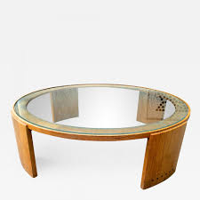 Distressed gray large rectangle wood coffee table with drawers. Jacques Adnet Jacques Adnet Very Large Round Coffee Table In Oak And Glass Top