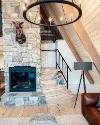 Chrislovesjulia Idaho Cabin With Oak Aspeland Staircase And Stair Nosings Lightwoodfloors Lightrusticwood Architecture Stuffed Peppers Log Cabin Lighting