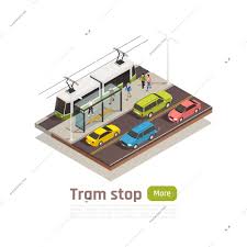Isometric And Colored City Composition With Tram Station And Big Green Button Vector Illustration In 2021 Vector Illustration Isometric Digital Artists